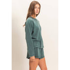 Mineral Wash Long Sleeve Raw Edge Top & Shorts Set: DARK GREEN