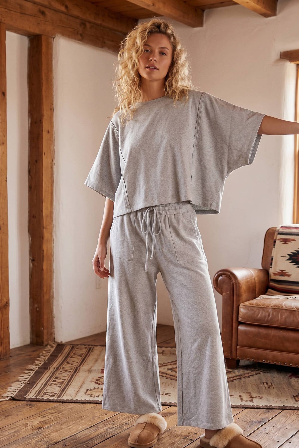 Brushed Stretch Boxy Top & Wide Leg Pant Set: BURGUNDY