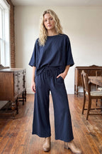 Brushed Stretch Boxy Top & Wide Leg Pant Set: BURGUNDY