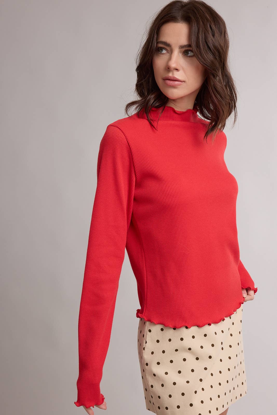 WAFFLE KNIT MOCK NECK LONG SLEEVE TOP red