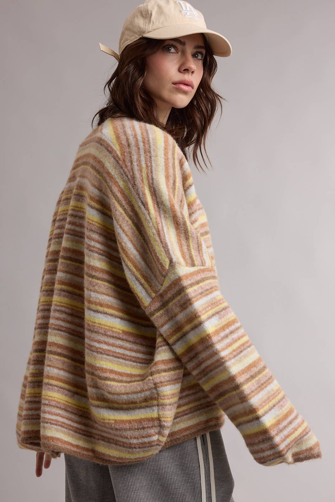 STRIPED OPEN FRONT CARDIGAN / WL26-13528: MOCHA MULTI