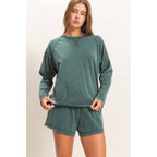 Mineral Wash Long Sleeve Raw Edge Top & Shorts Set: DARK GREEN