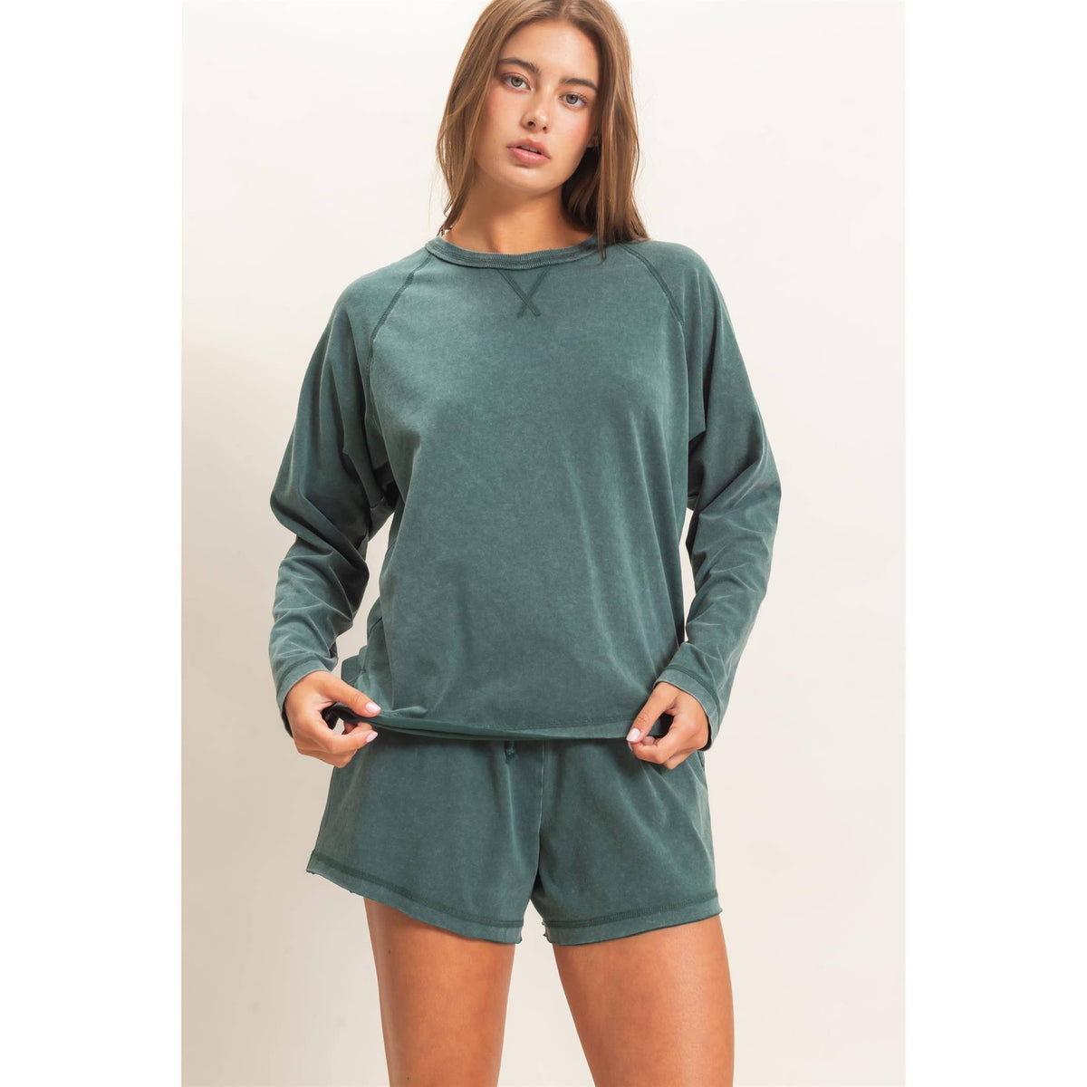 Mineral Wash Long Sleeve Raw Edge Top & Shorts Set: DARK GREEN