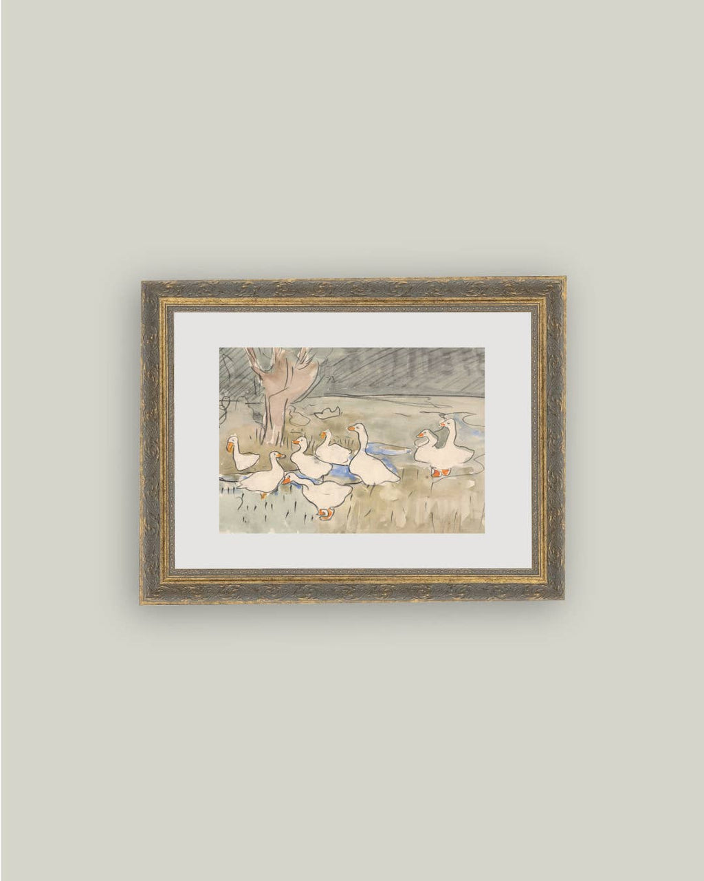 Geese Pond Framed Antique Art: 10x8