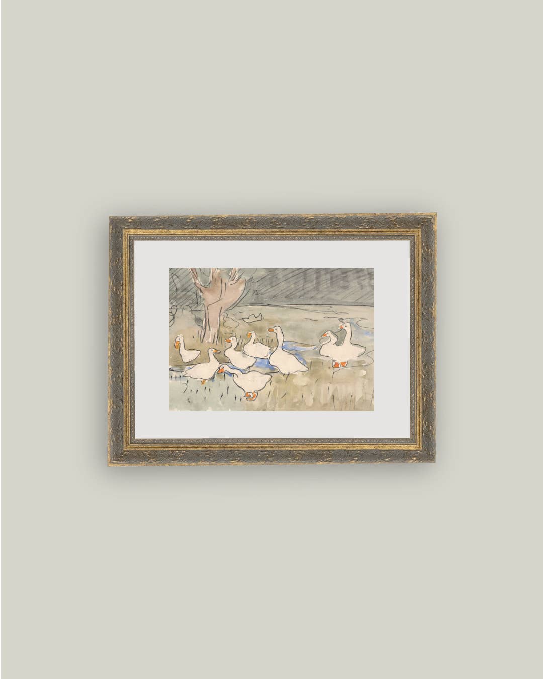 Geese Pond Framed Antique Art: 10x8