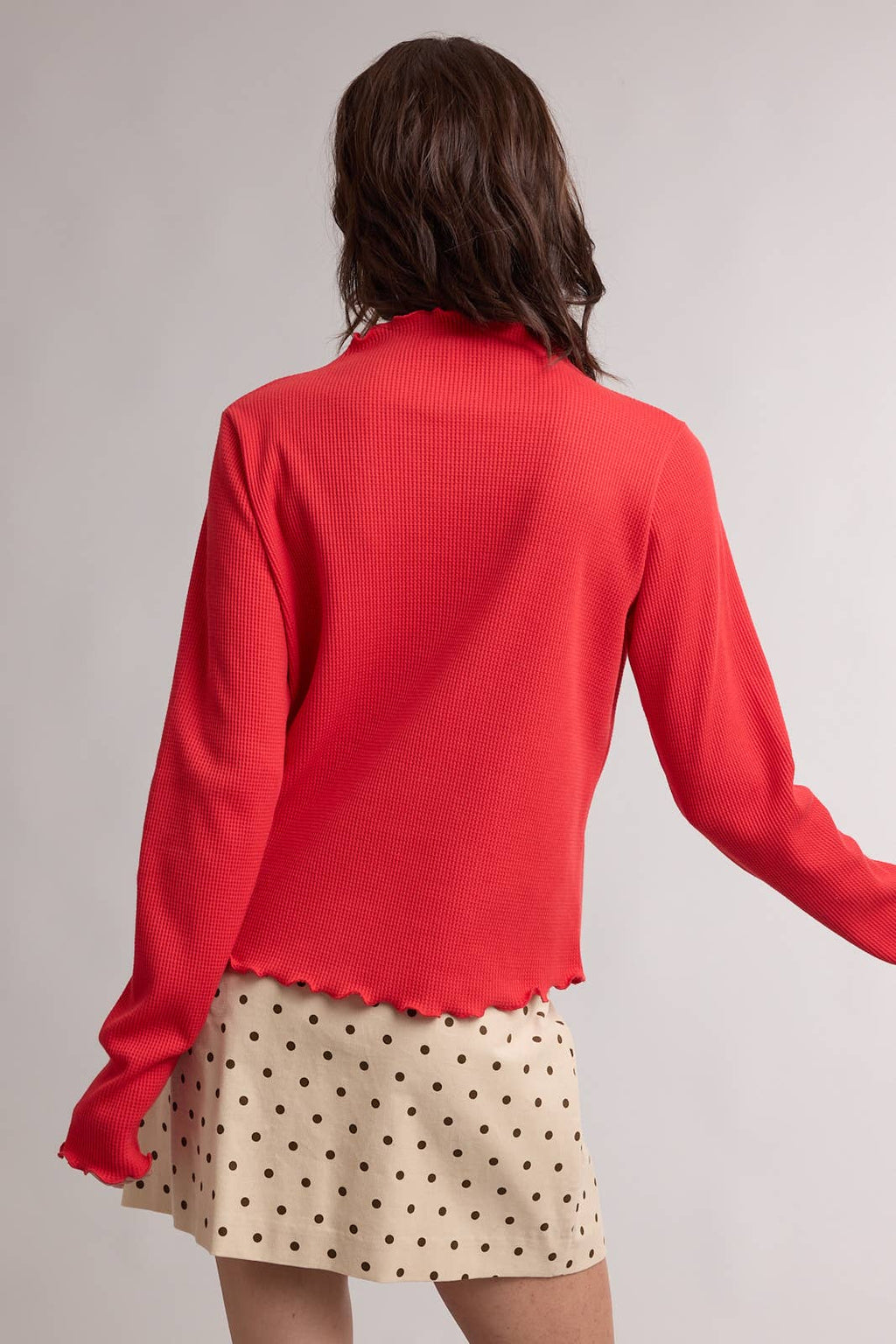 WAFFLE KNIT MOCK NECK LONG SLEEVE TOP red