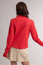 WAFFLE KNIT MOCK NECK LONG SLEEVE TOP red