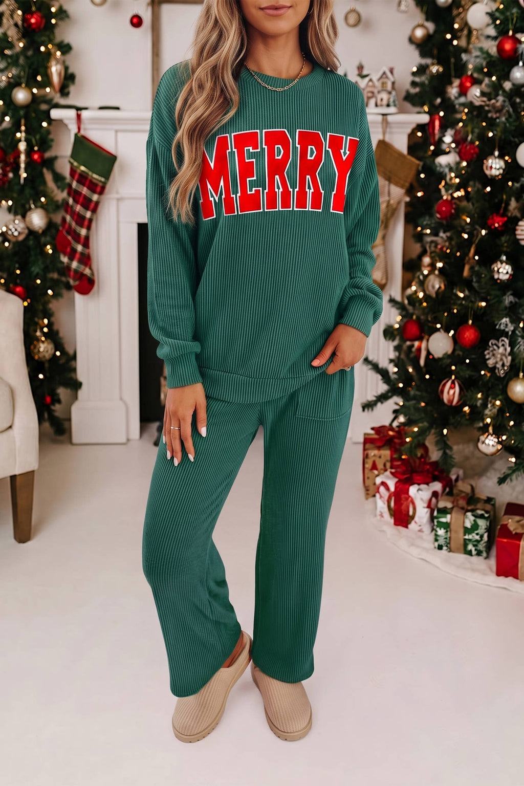 MERRY Christmas Graphic Corded Pants Set