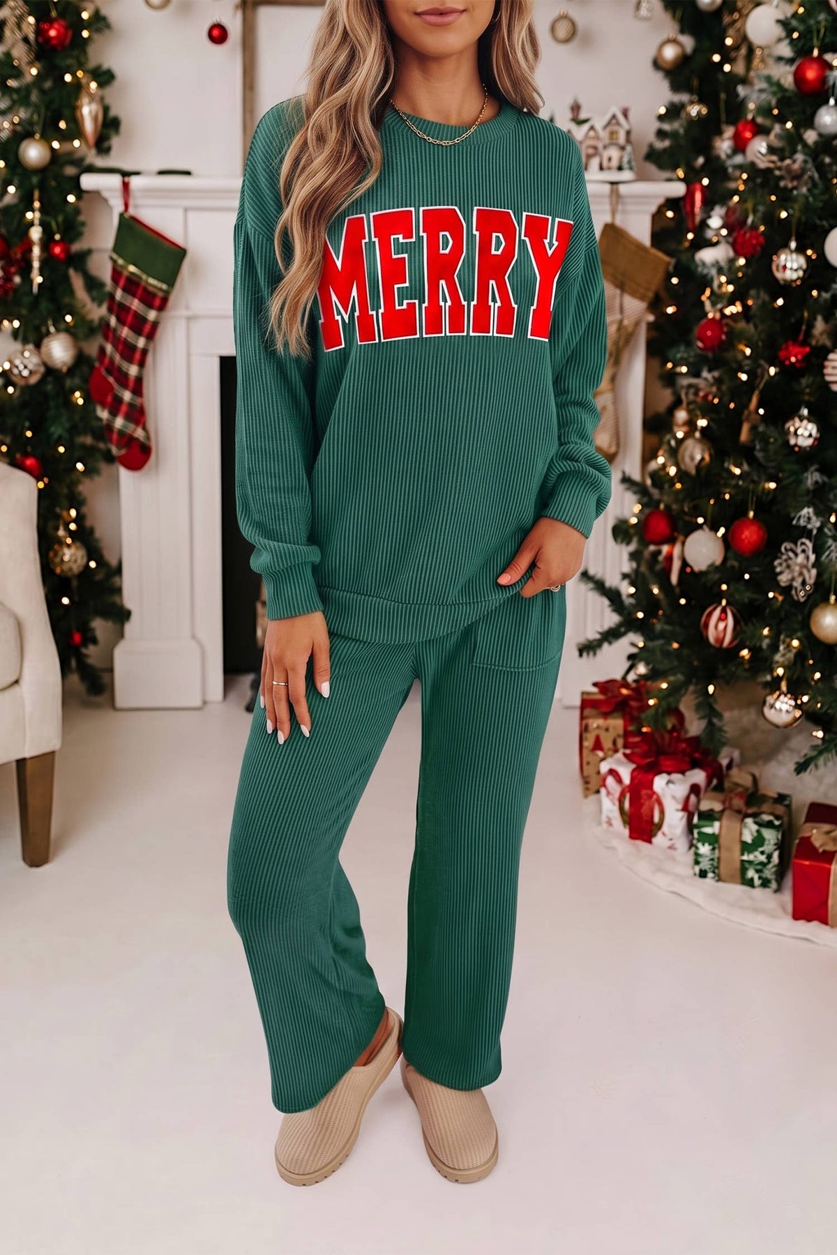 MERRY Christmas Graphic Corded Pants Set