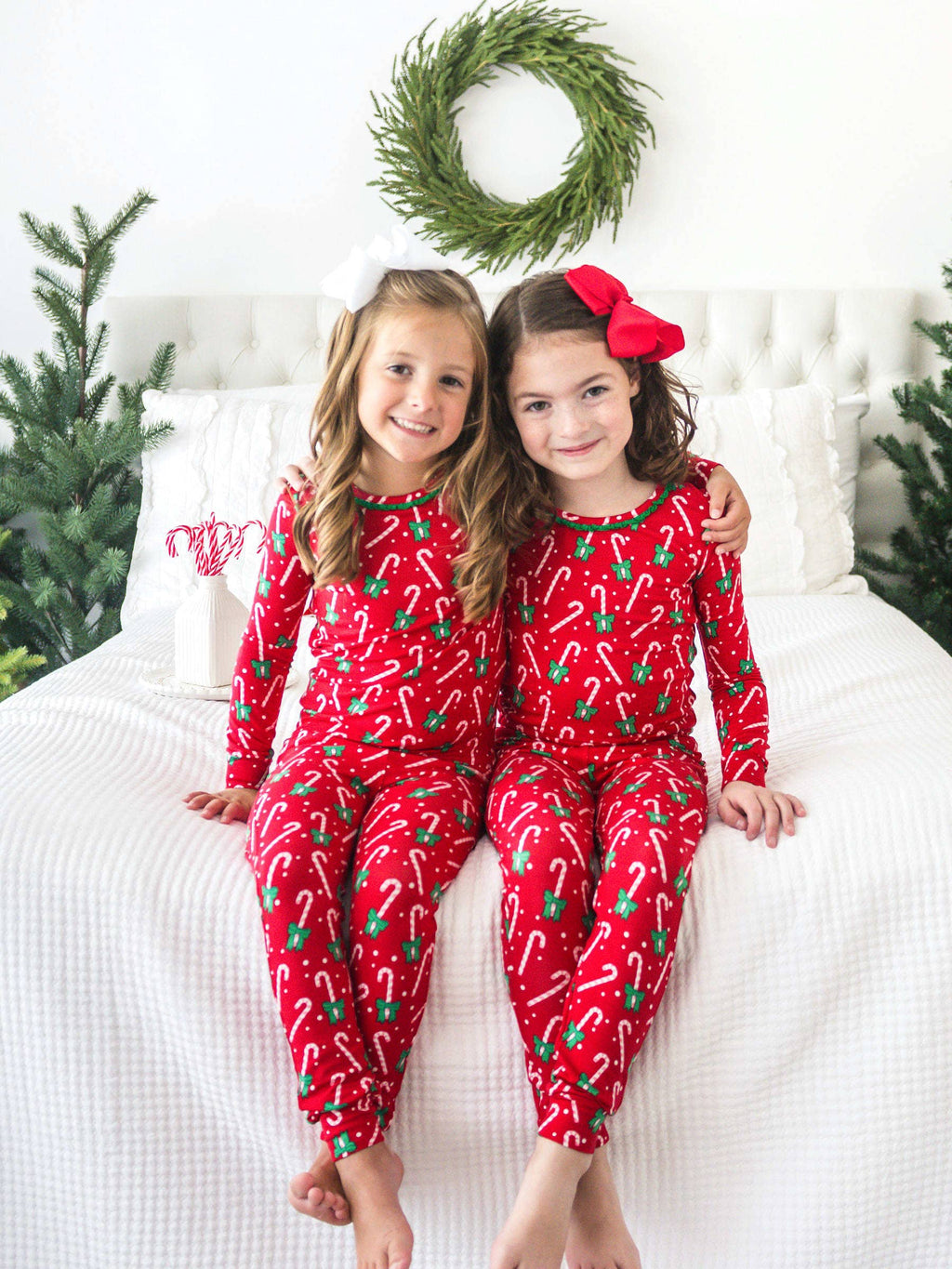 SoftSnooze™ Toddler Girls Bamboo Viscose Candy Cane Cutie Ruffle Long Sleeve Pajama Set with Signature Rear Ruffles: Red / 2T