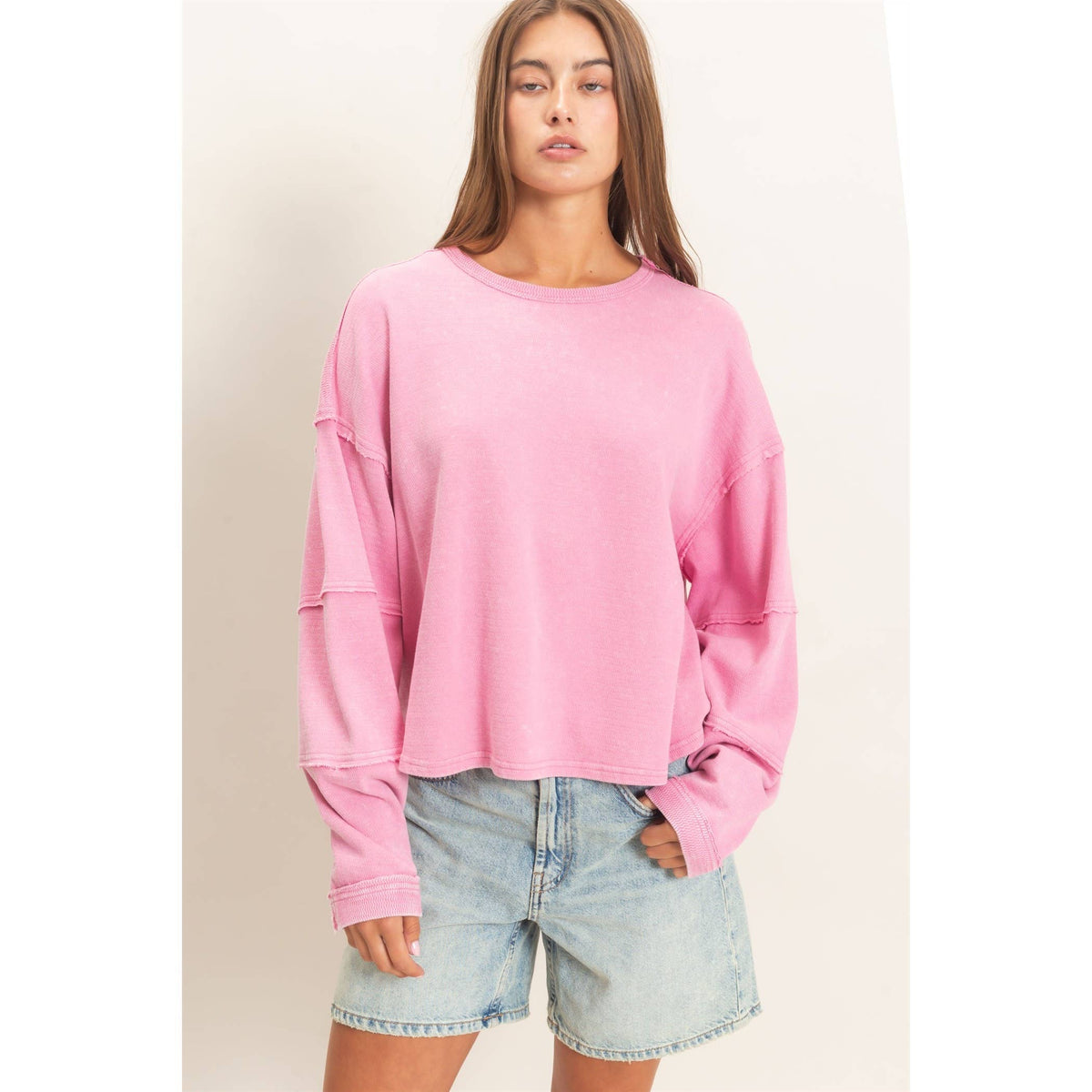 Mineral Wash Oversised Raw Edge Crew Neck Top: BLACK
