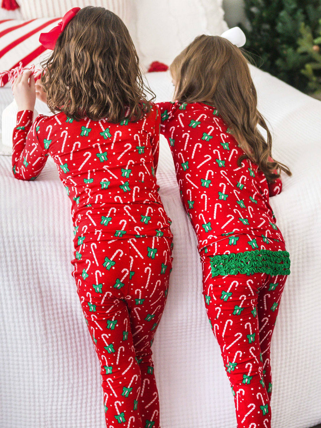 SoftSnooze™ Toddler Girls Bamboo Viscose Candy Cane Cutie Ruffle Long Sleeve Pajama Set with Signature Rear Ruffles: Red / 2T