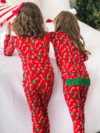SoftSnooze™ Toddler Girls Bamboo Viscose Candy Cane Cutie Ruffle Long Sleeve Pajama Set with Signature Rear Ruffles: Red / 2T
