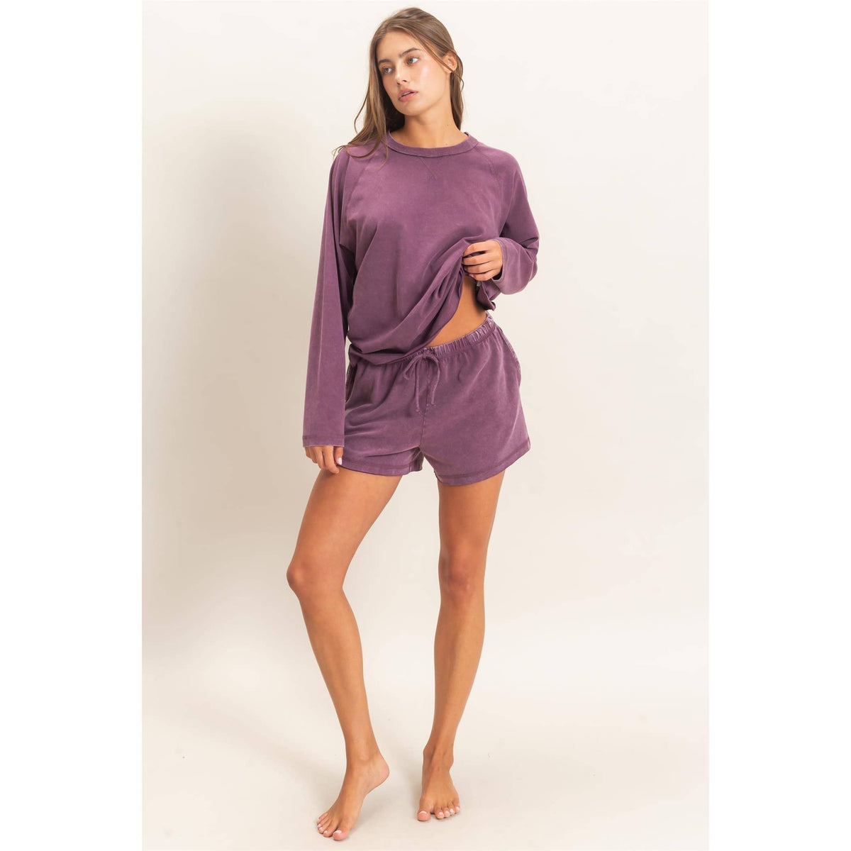 Mineral Wash Long Sleeve Raw Edge Top & Shorts Set: DARK CHERRY