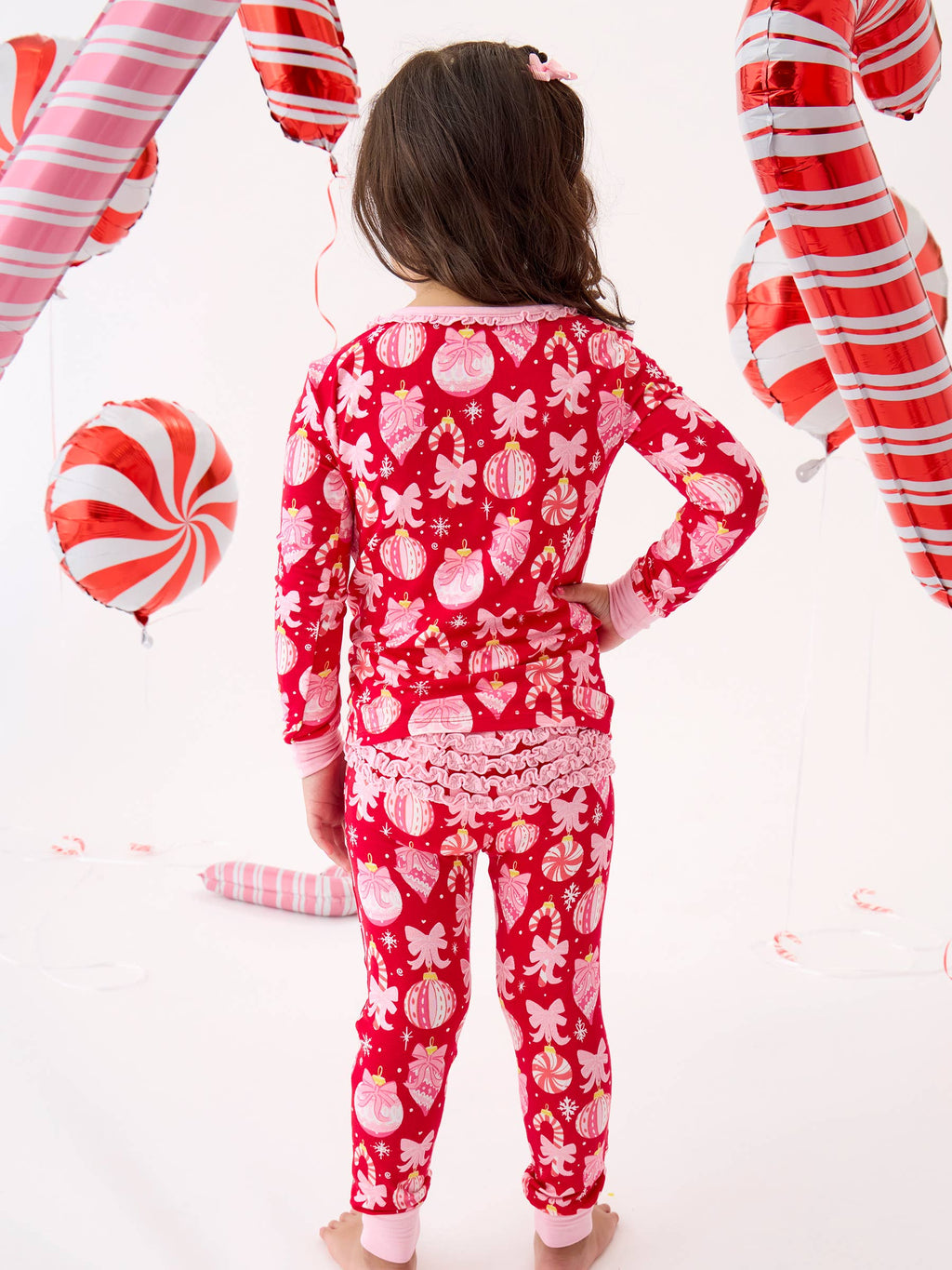 SoftSnooze™ Toddler Girls Bamboo Viscose Red Holly Christmas Ornament Bows Ruffle Long Sleeve Pajama Set with Signature Rear Ruffles: Red / 2T