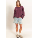 Mineral Wash Oversised Raw Edge Crew Neck Top: BLACK