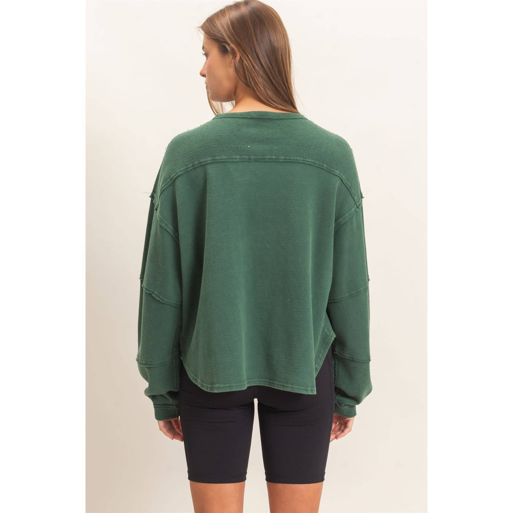 Mineral Wash Oversised Raw Edge Crew Neck Top: BLACK