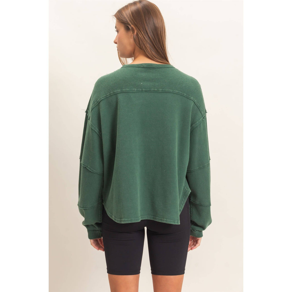 Mineral Wash Oversised Raw Edge Crew Neck Top: BLACK