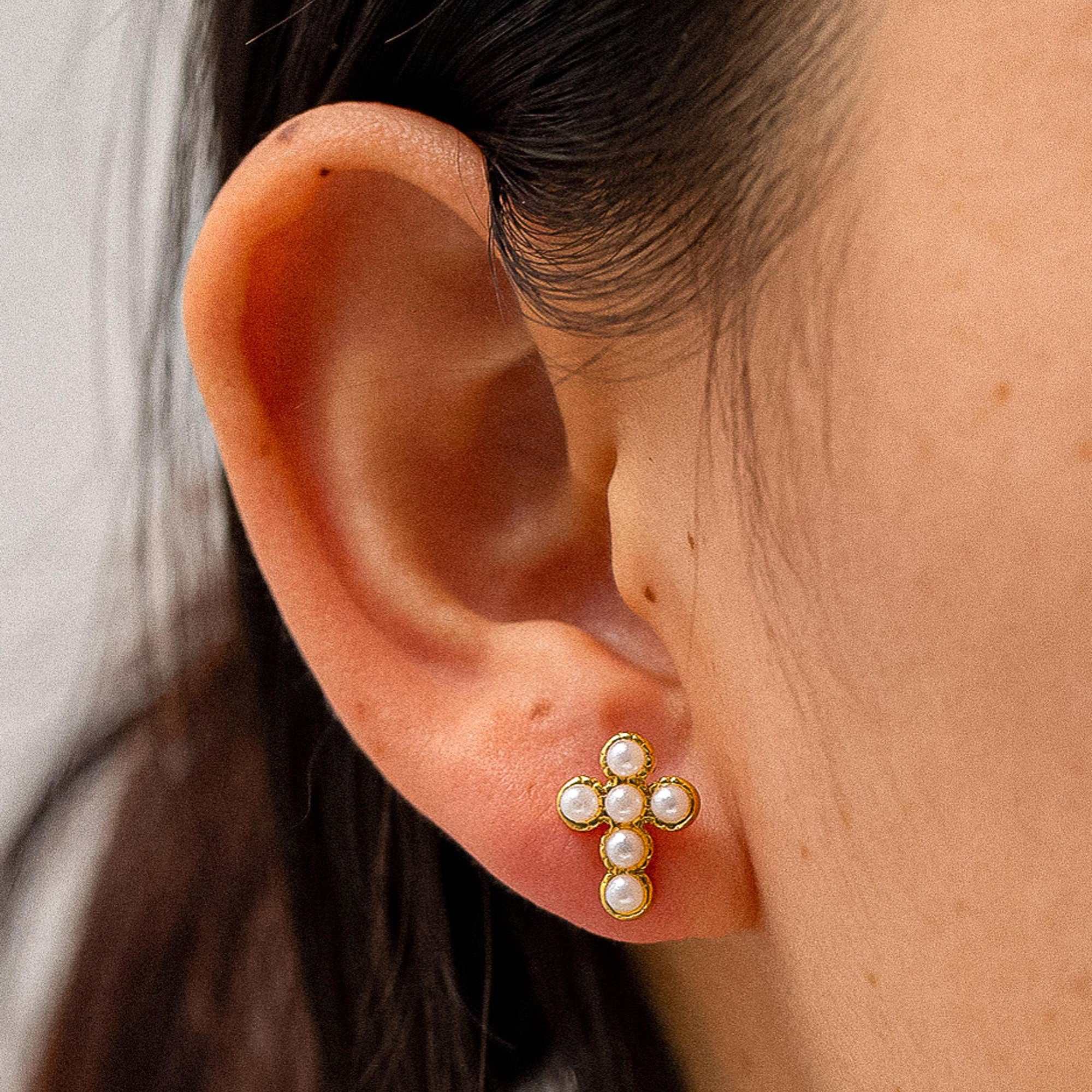 Tiny Pearl Cross Stud Earrings - E52