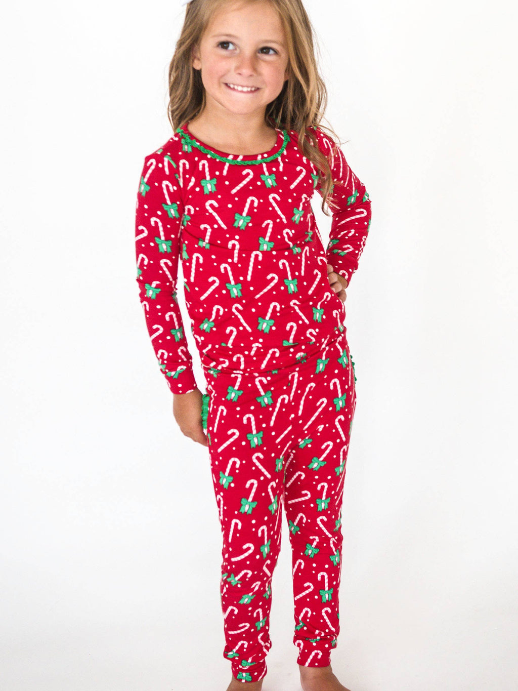 SoftSnooze™ Toddler Girls Bamboo Viscose Candy Cane Cutie Ruffle Long Sleeve Pajama Set with Signature Rear Ruffles: Red / 2T