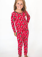 SoftSnooze™ Toddler Girls Bamboo Viscose Candy Cane Cutie Ruffle Long Sleeve Pajama Set with Signature Rear Ruffles: Red / 2T