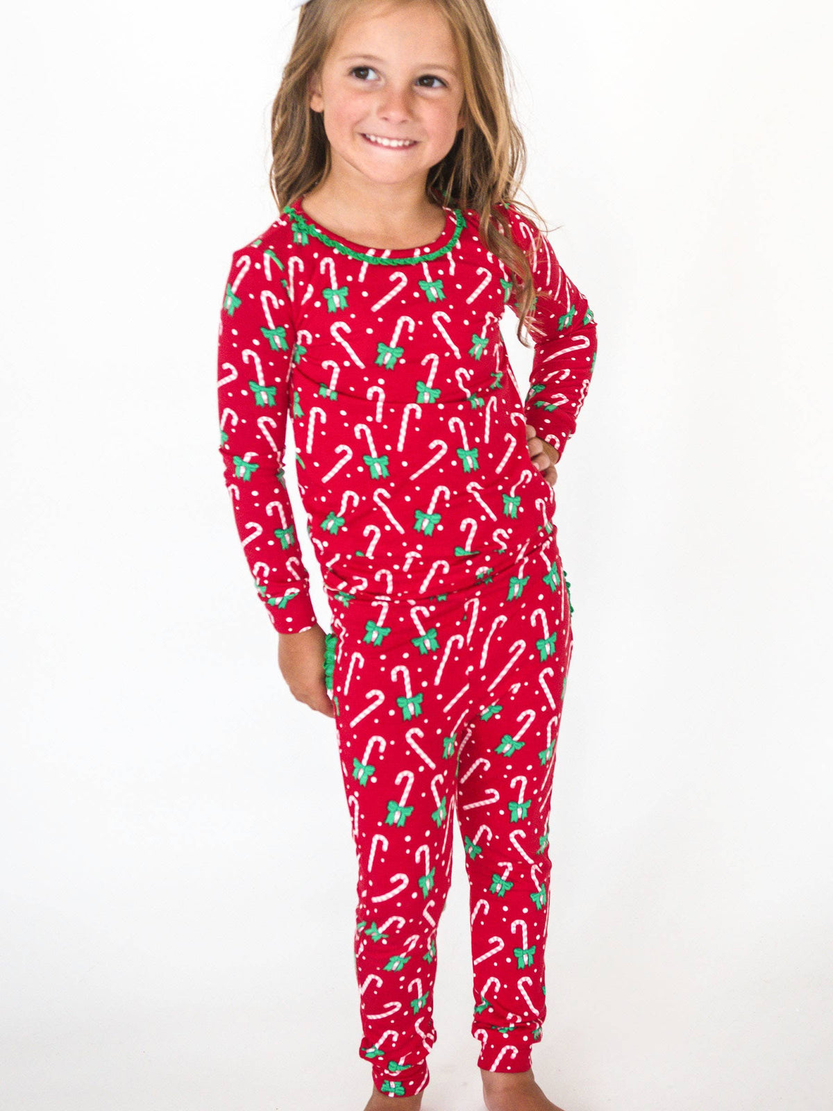 SoftSnooze™ Toddler Girls Bamboo Viscose Candy Cane Cutie Ruffle Long Sleeve Pajama Set with Signature Rear Ruffles: Red / 2T