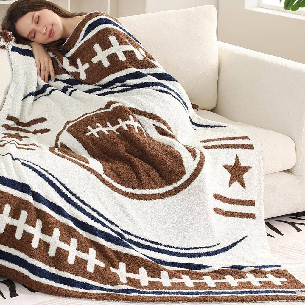 Football Pattern Throw Blanket with Tassels: FC3