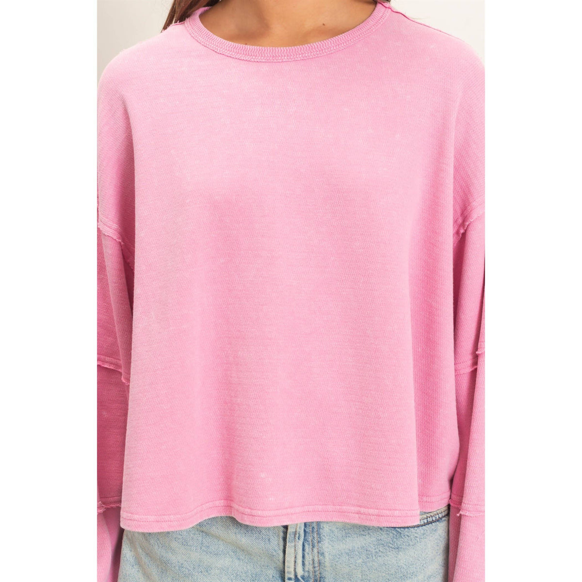Mineral Wash Oversised Raw Edge Crew Neck Top: BLACK