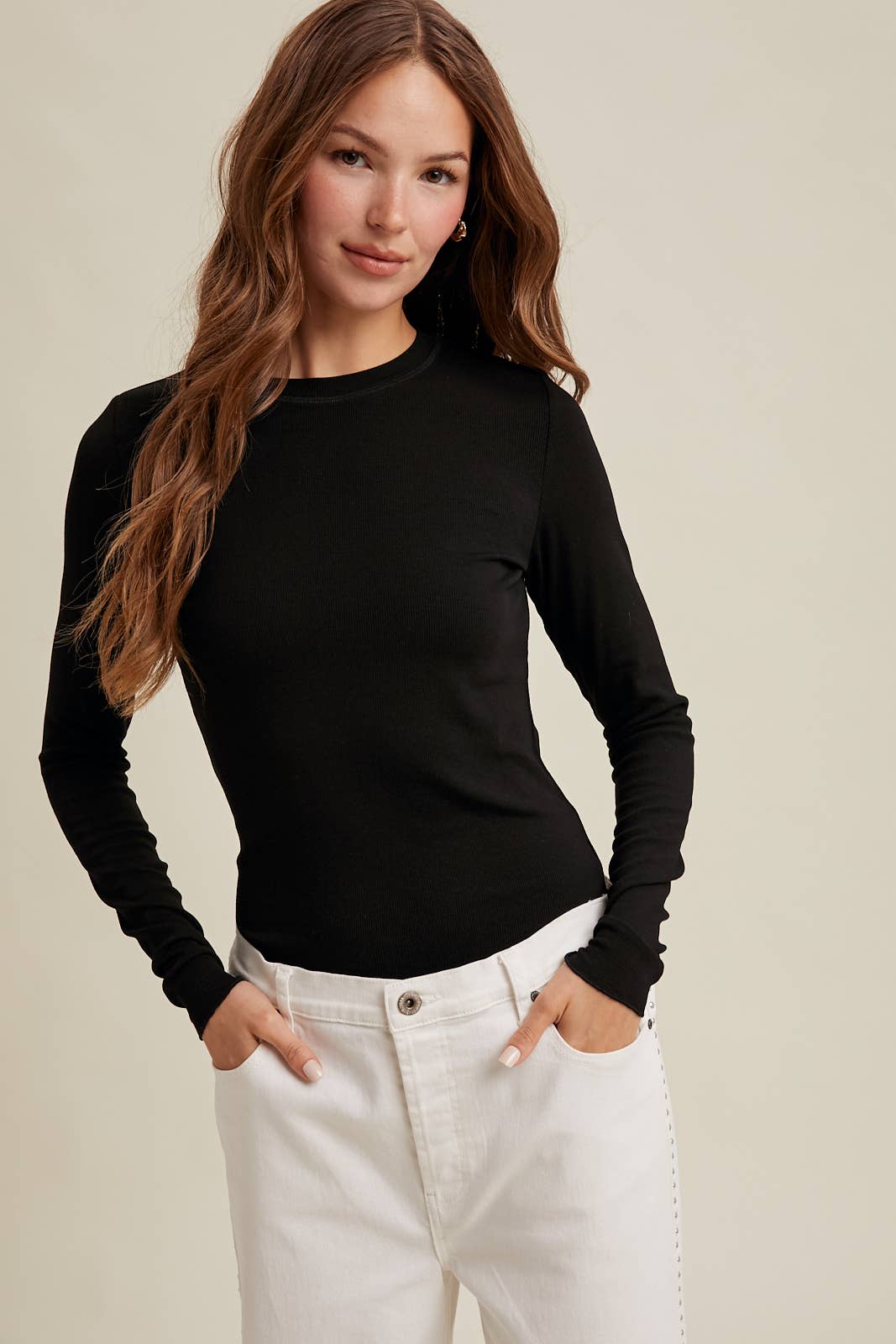 BASIC RIBBED LONG SLEEVE KNIT TOP BLACK