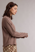WAFFLE KNIT MOCK NECK LONG SLEEVE TOP red