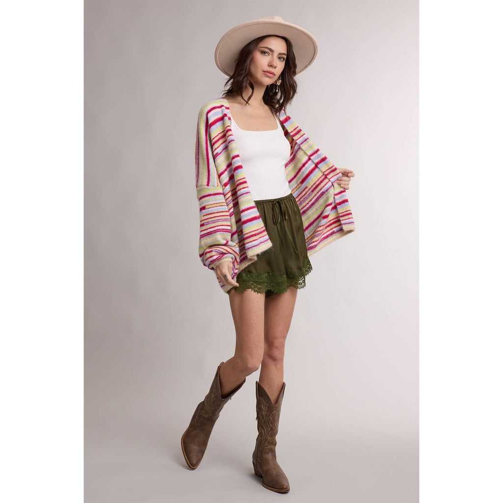 STRIPED OPEN FRONT CARDIGAN / WL26-13528: MOCHA MULTI