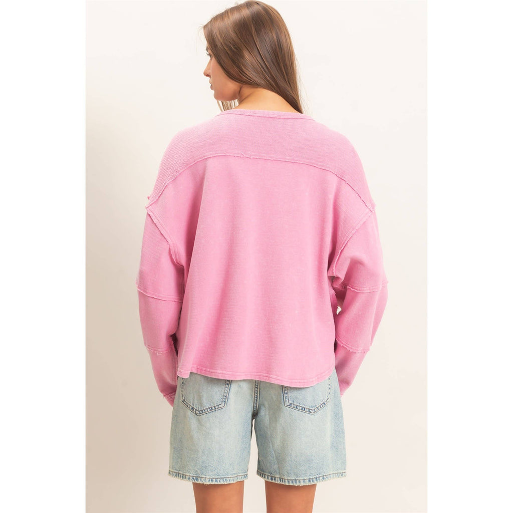 Mineral Wash Oversised Raw Edge Crew Neck Top: BLACK