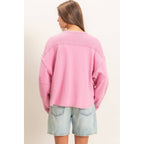 Mineral Wash Oversised Raw Edge Crew Neck Top: BLACK