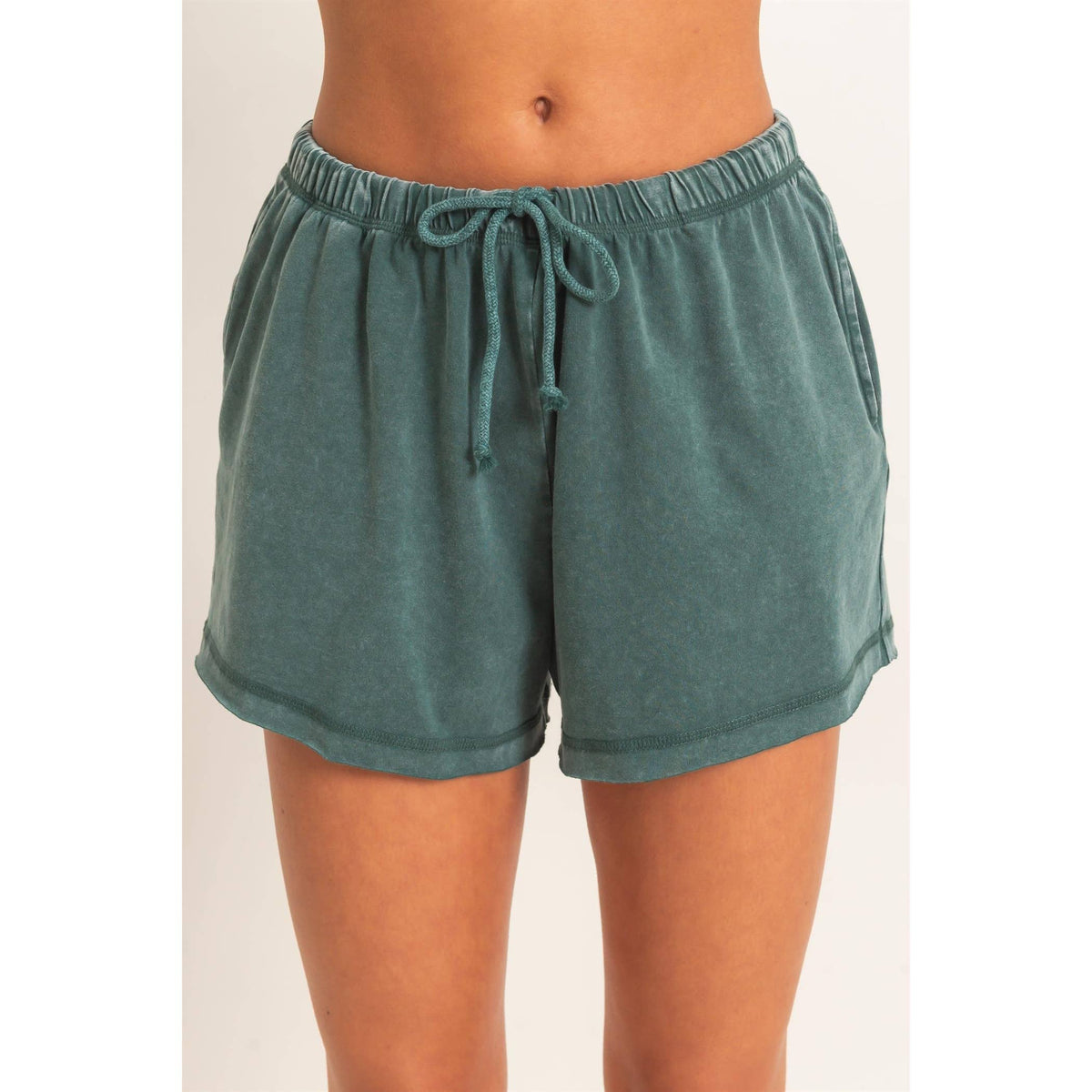 Mineral Wash Long Sleeve Raw Edge Top & Shorts Set: DARK GREEN