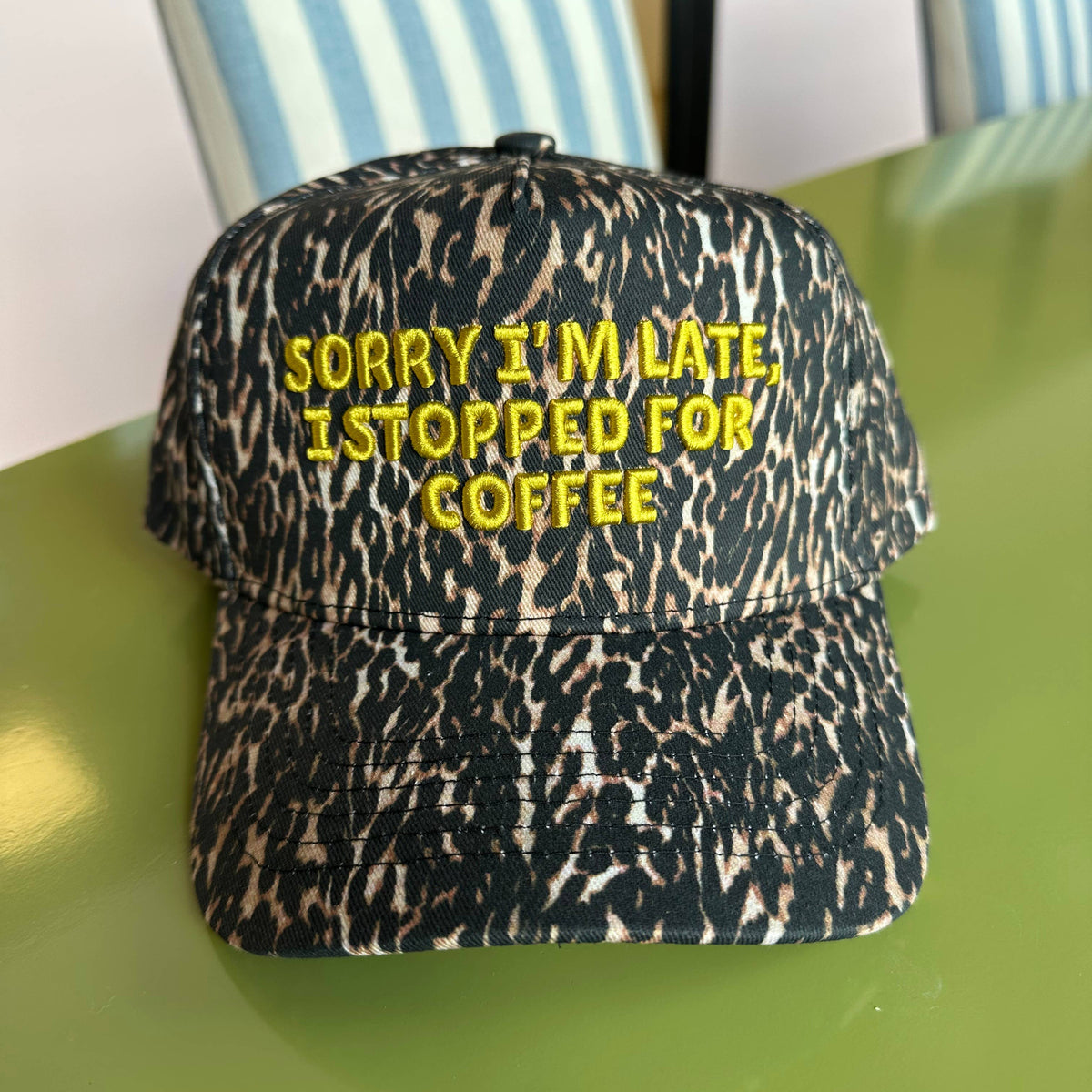 Sorry I'm Late, I Stopped for Coffee - Luxe Leopard Trucker Hat