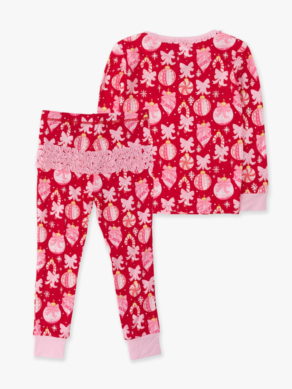 SoftSnooze™ Toddler Girls Bamboo Viscose Red Holly Christmas Ornament Bows Ruffle Long Sleeve Pajama Set with Signature Rear Ruffles: Red / 2T