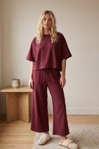Brushed Stretch Boxy Top & Wide Leg Pant Set: BURGUNDY