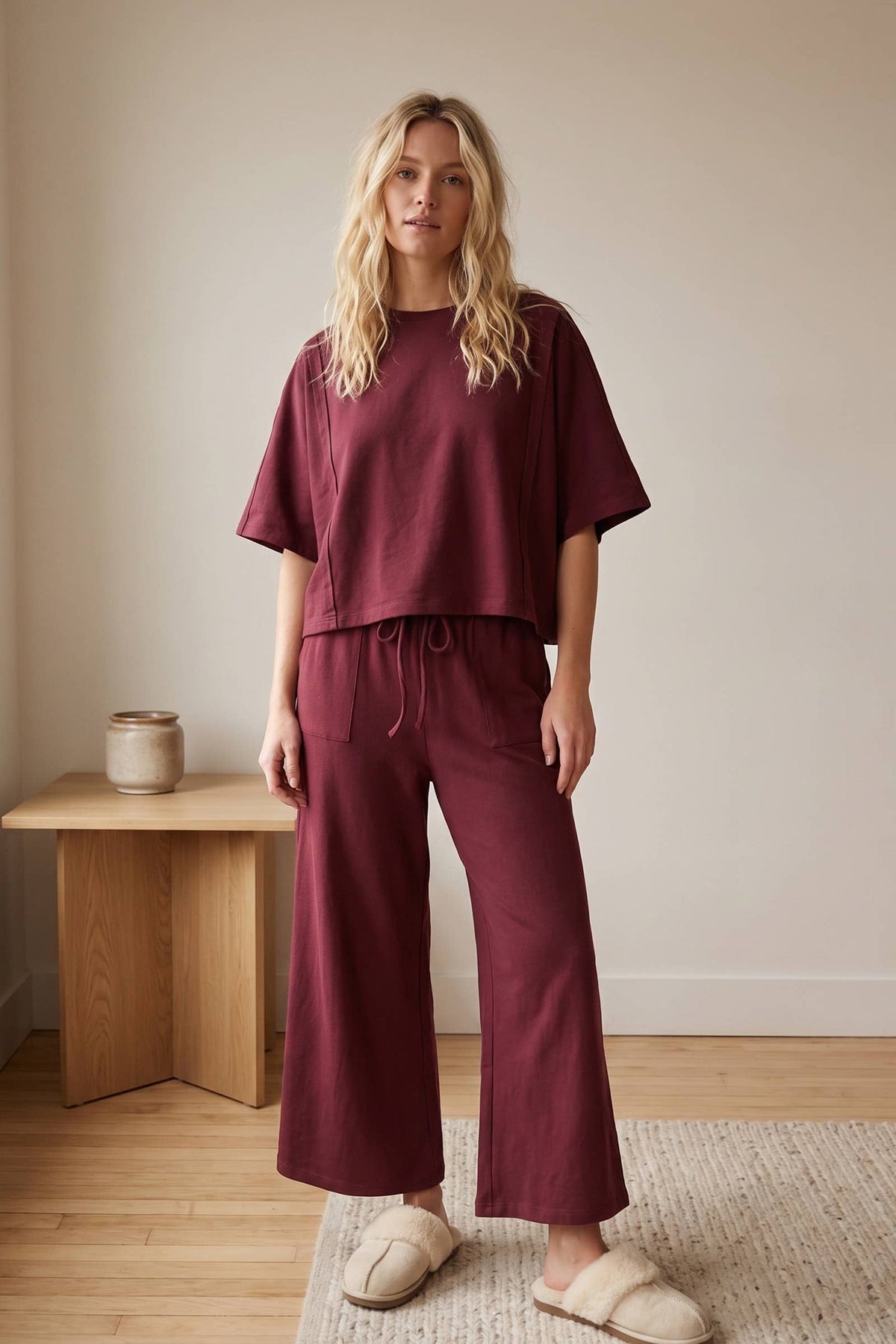 Brushed Stretch Boxy Top & Wide Leg Pant Set: BURGUNDY