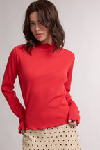 WAFFLE KNIT MOCK NECK LONG SLEEVE TOP red