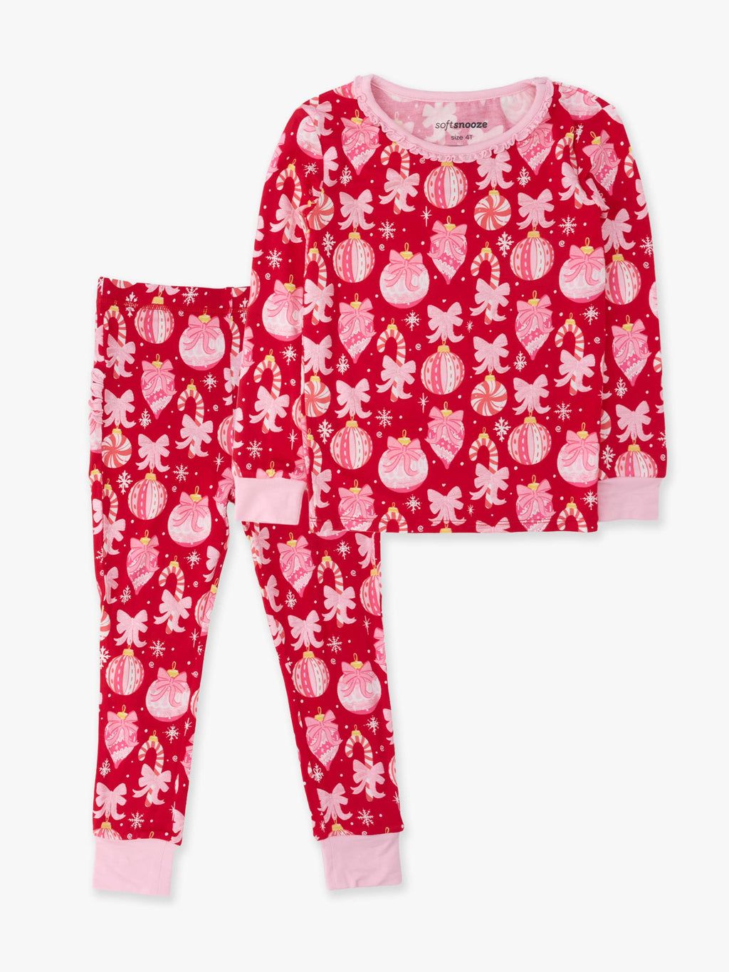 SoftSnooze™ Toddler Girls Bamboo Viscose Red Holly Christmas Ornament Bows Ruffle Long Sleeve Pajama Set with Signature Rear Ruffles: Red / 2T
