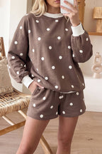 Polka Dot Ribbed Trim Top Casual Shorts Set: