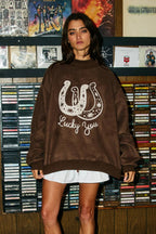 Reversible Horse Graphic Mock-Neck Sweatshirt: CHOCOLATE BROWN