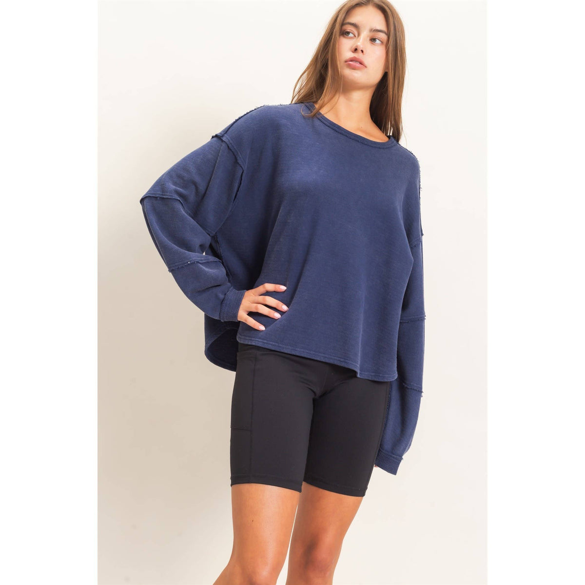 Mineral Wash Oversised Raw Edge Crew Neck Top: BLACK