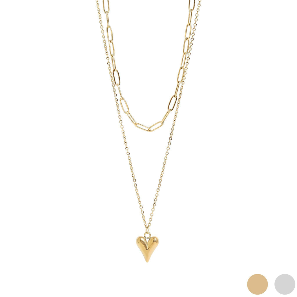 Paperclip Layered Chain Heart Charm Necklace - N108