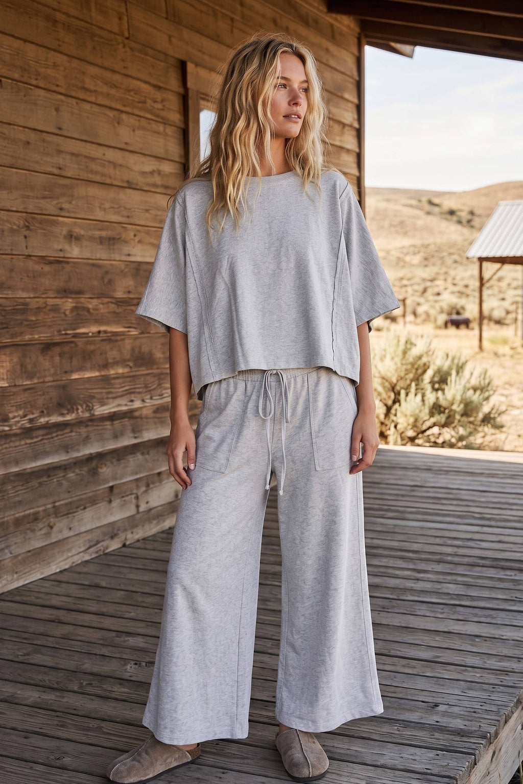 Brushed Stretch Boxy Top & Wide Leg Pant Set: BURGUNDY