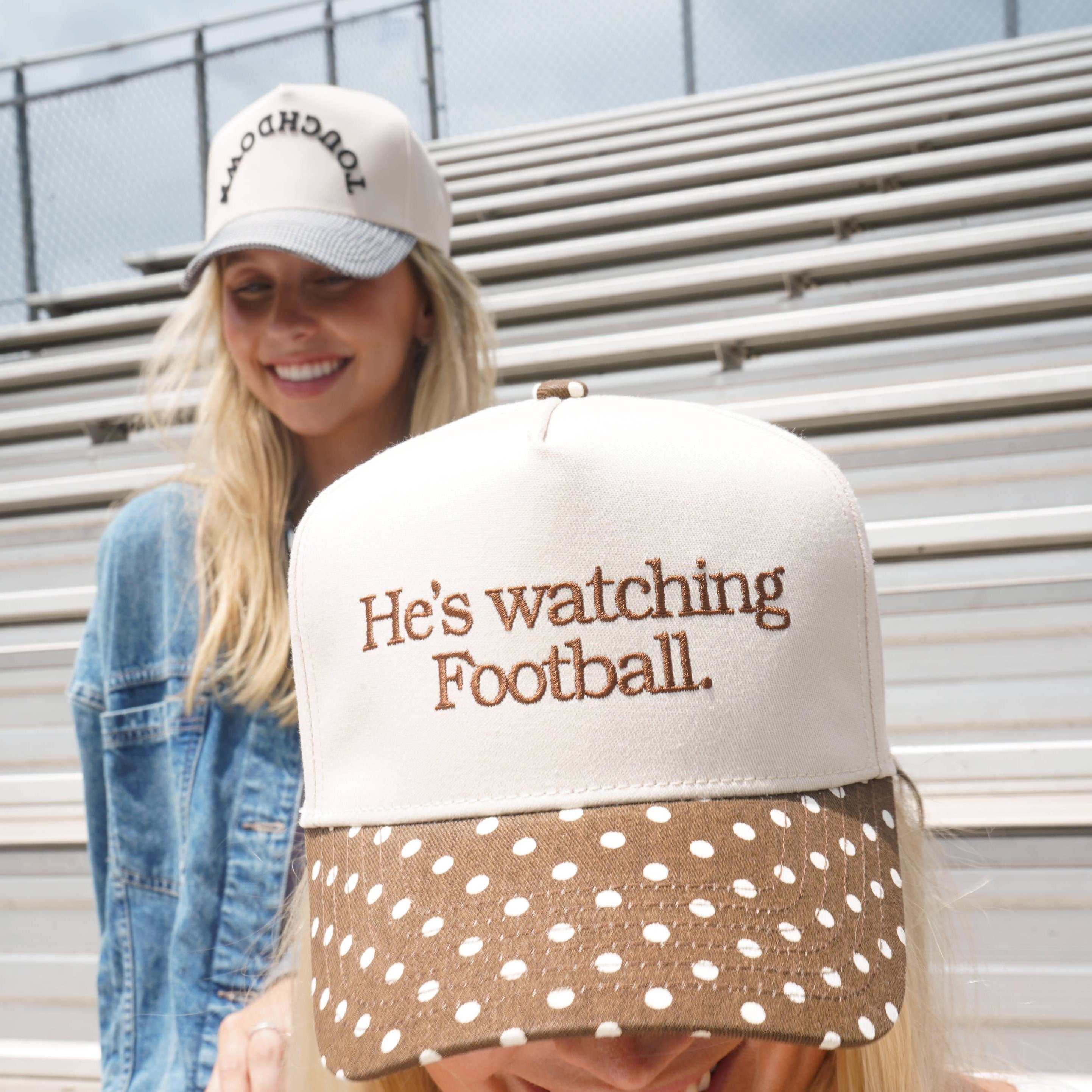 He's Watching Football - Brown Polka Dot Hat