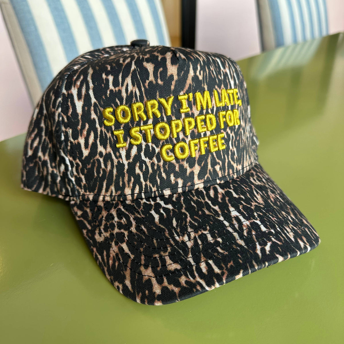 Sorry I'm Late, I Stopped for Coffee - Luxe Leopard Trucker Hat