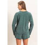 Mineral Wash Long Sleeve Raw Edge Top & Shorts Set: DARK GREEN