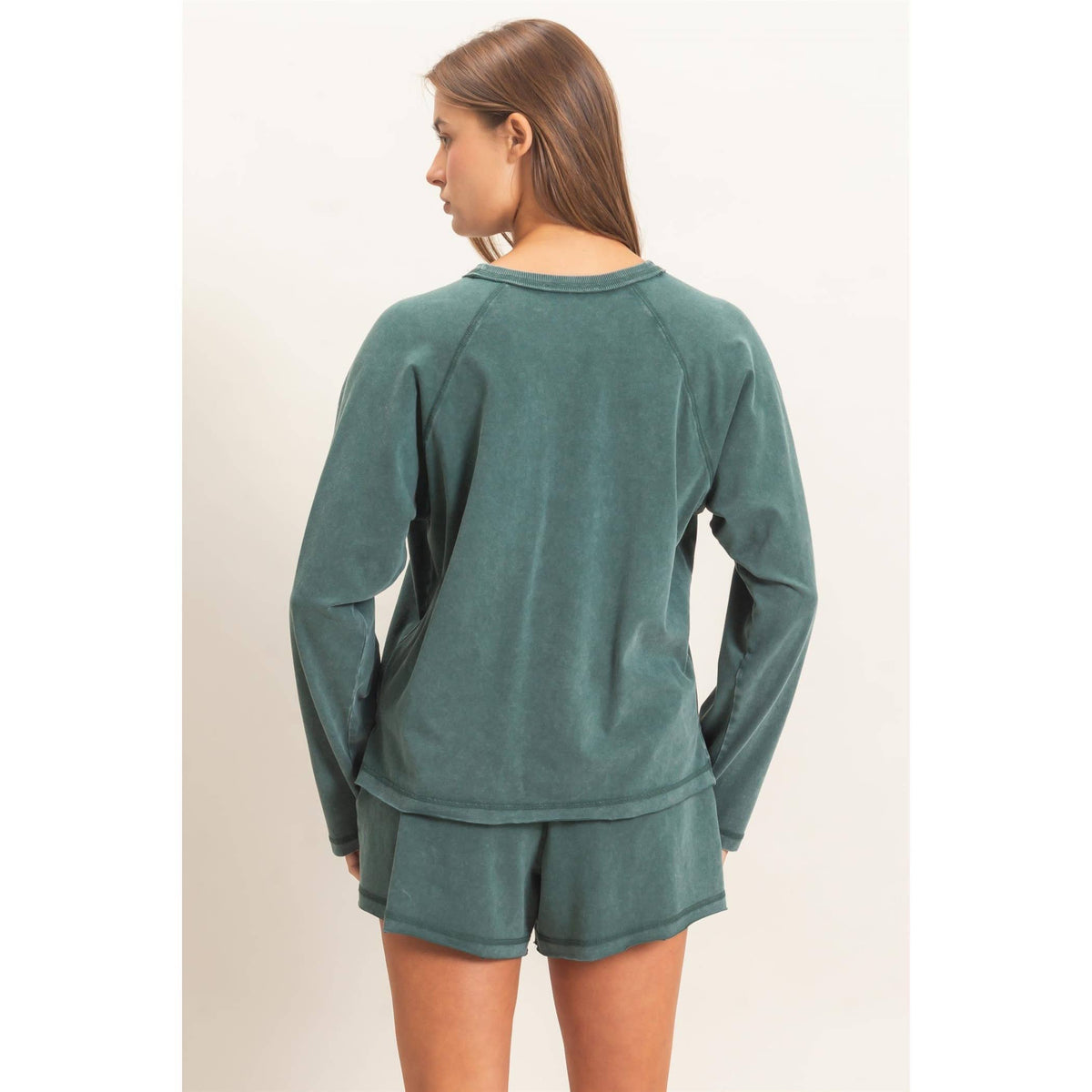 Mineral Wash Long Sleeve Raw Edge Top & Shorts Set: DARK GREEN