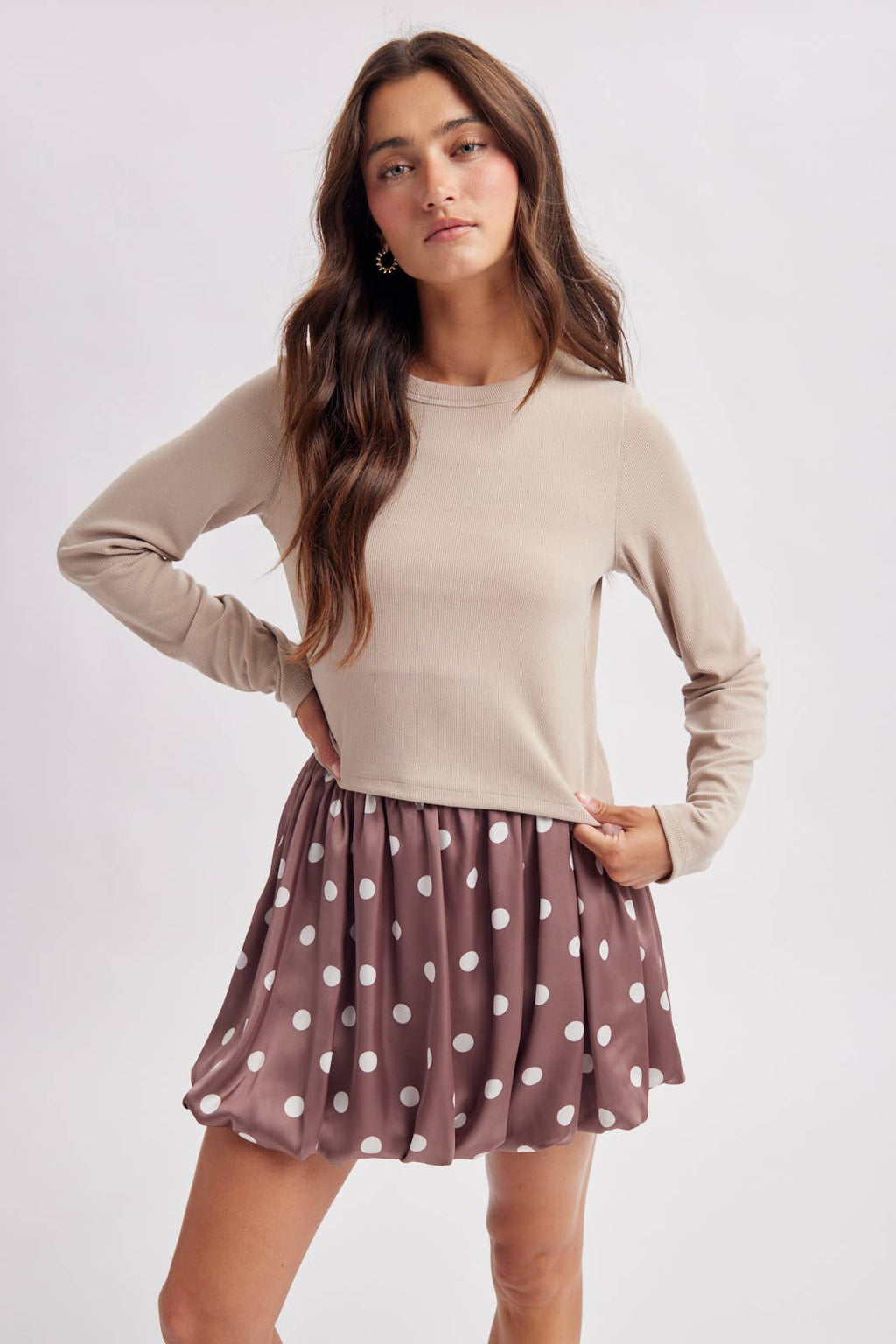 BASIC RIBBED LONG SLEEVE TOP / WL26-12635: BURGUNDY